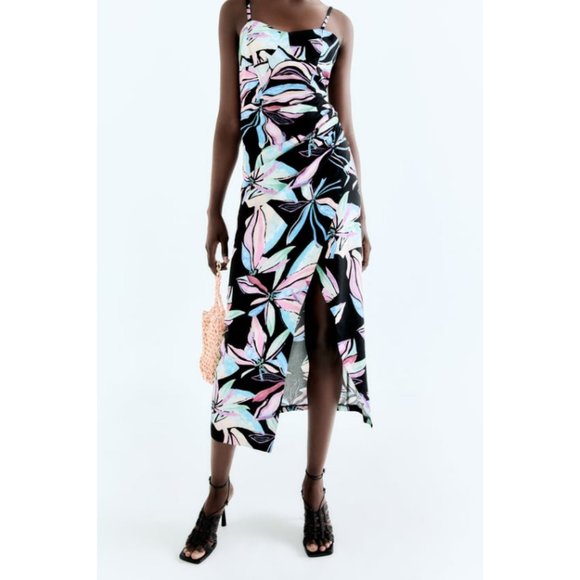 Zara Dresses Zara Linen Blend Tropical Print Corset Midi Dress